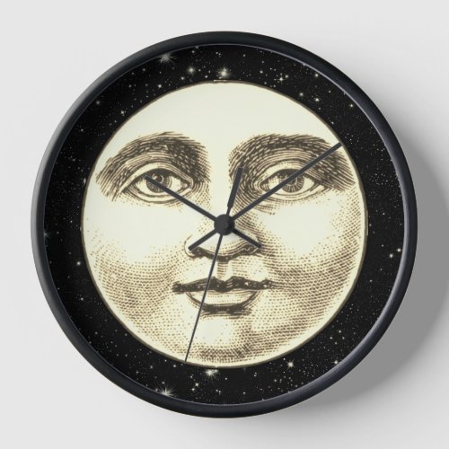 Vintage man in the moon full face black sepia  clock