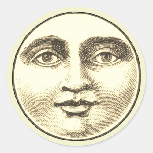 Vintage man in the moon full face brown sepia gold classic round sticker