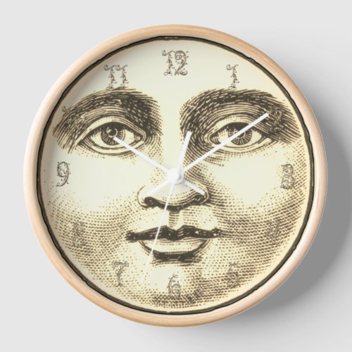 Vintage man in the moon full face brown sepia gold clock