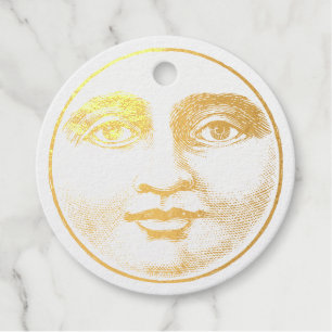 Vintage man in the moon full face brown sepia gold foil favor tags