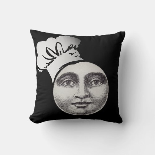 Vintage man in the moon full face chef hat black  throw pillow