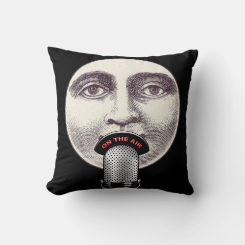 Vintage man in the moon full face microphone black throw pillow