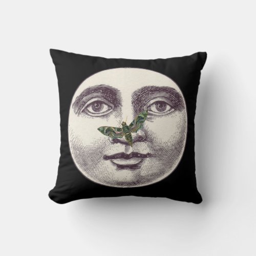Vintage man in the moon full face moth nose black throw pillow