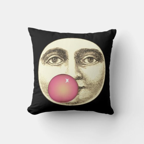 Vintage man in the moon full face pink bubblegum throw pillow