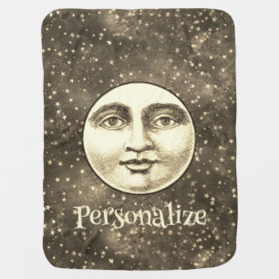 Vintage man in the moon full face sepia gold star baby blanket