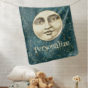 Vintage man in the moon full face sepia teal star baby blanket