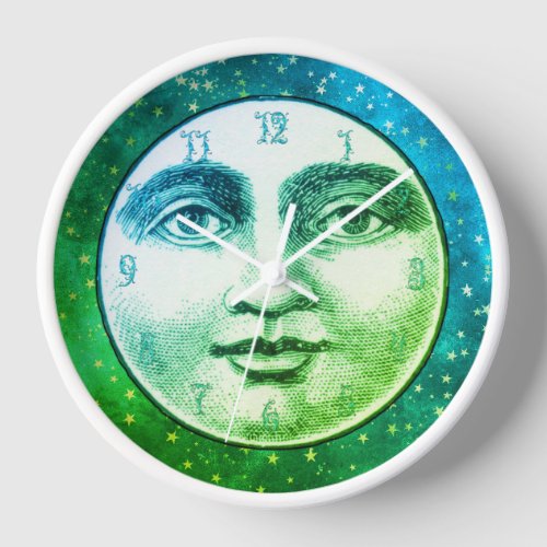 Vintage man in the moon full face teal blue green clock