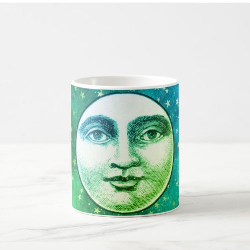 Vintage man in the moon full face teal blue green coffee mug