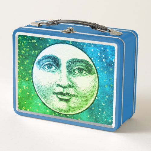 Vintage man in the moon full face teal blue green metal lunch box