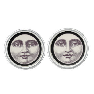Vintage man in the moon full moon face black white cufflinks