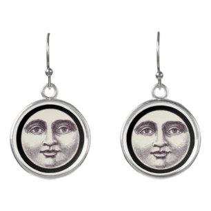 Vintage man in the moon full moon face black white earrings