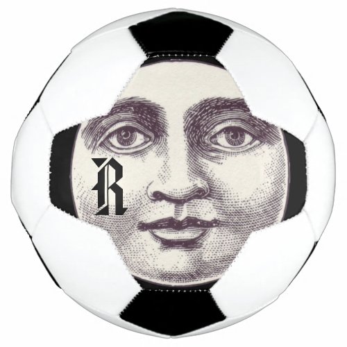 Vintage man in the moon full moon face black white soccer ball