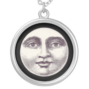 Vintage man in the moon full moon face silver plated necklace