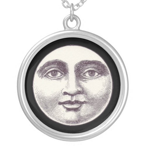 Vintage man in the moon full moon face silver plated necklace