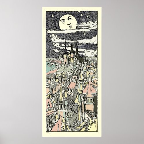 Vintage Man in the Moon Storybook Illustration  Poster