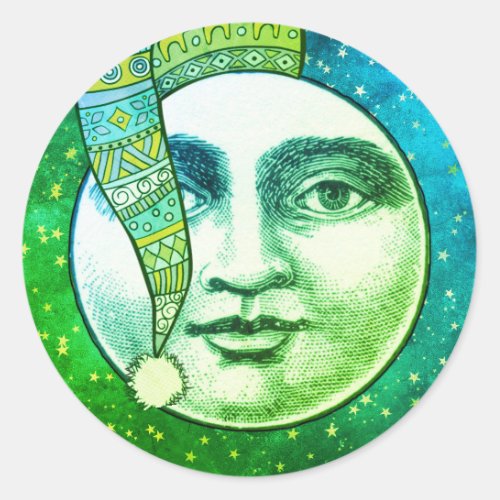 Vintage man moon full face blue green winter hat  classic round sticker