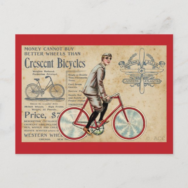 Vintage Man Riding Red Bicycle Postcard (Front)