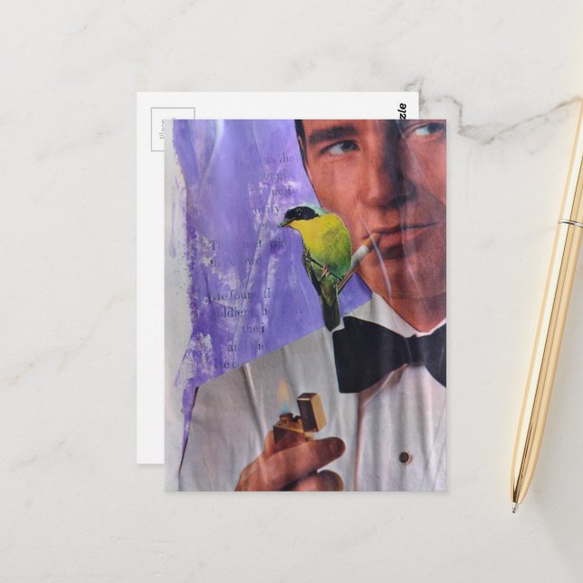 Vintage Man Smoking and a Cute Little Bird Collage Postcard (Front/Back In Situ)