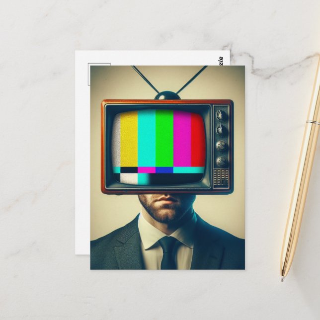 Vintage man With a TV on His Head  Postcard (Front/Back In Situ)