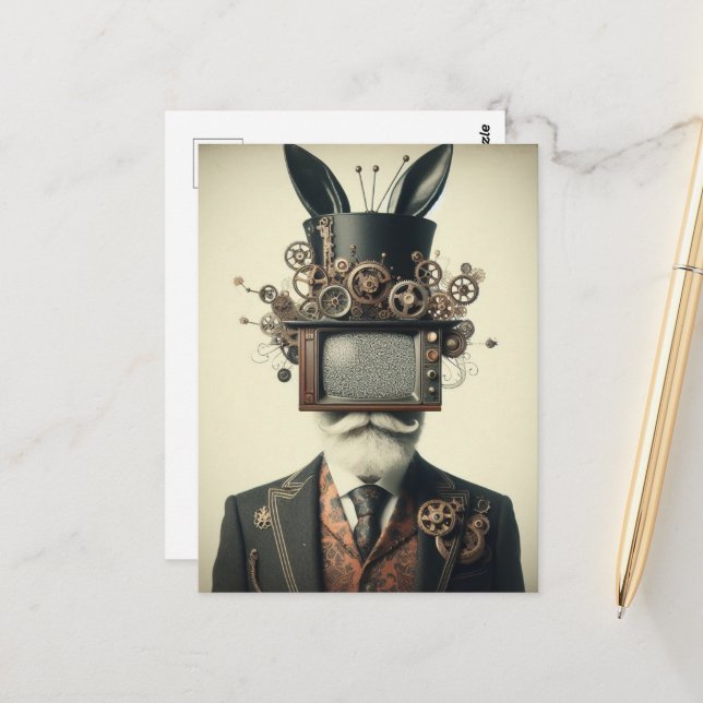 Vintage Man With a TV on His Head Rabbit Ears Postcard (Front/Back In Situ)