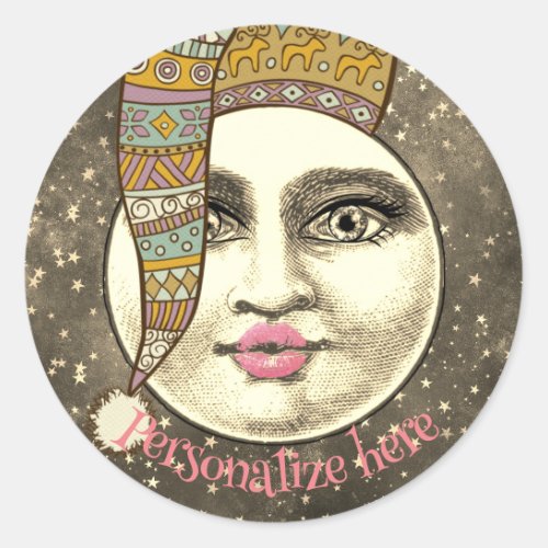 Vintage man woman in moon whimsical unique sepia classic round sticker