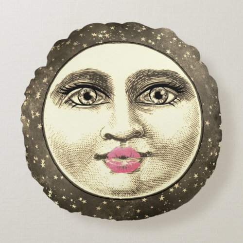 Vintage man woman in moon whimsical unique sepia round pillow