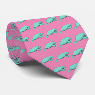 Vintage Manatee Drawing Aqua Neck Tie
