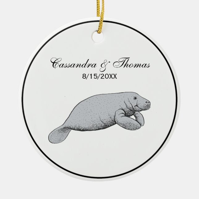 Vintage Manatee Drawing Ceramic Ornament (Front)