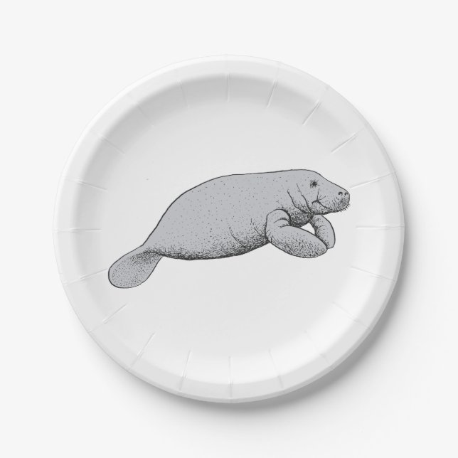 Vintage Manatee Drawing Paper Plates (Front)