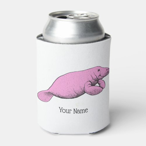 Vintage Manatee Drawing Pink Can Cooler