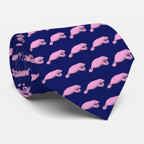 Vintage Manatee Drawing Pink Neck Tie