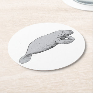Vintage Manatee Drawing Round Paper Coaster