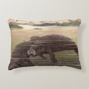 Vintage Manatees or Sea Cows, Marine Mammals Accent Pillow