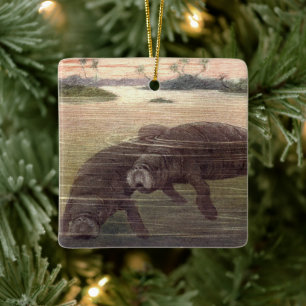 Vintage Manatees or Sea Cows, Marine Mammals Ceramic Ornament