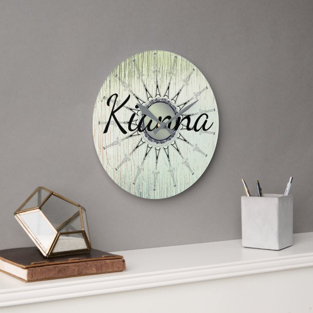 Vintage Mandala on Minty Glass Personalized Large Clock (Office)