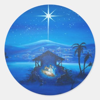 Vintage Manger Night Scene Classic Round Sticker by Timeless_Treasures at Zazzle