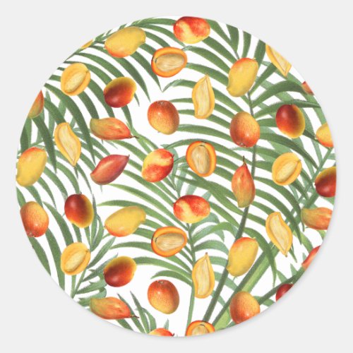 Vintage Mango  Greenery Summer Fruit Pattern Classic Round Sticker