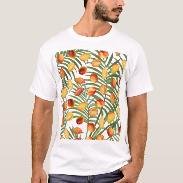 Vintage Mango & Greenery Summer Fruit Pattern T-Shirt (Front)