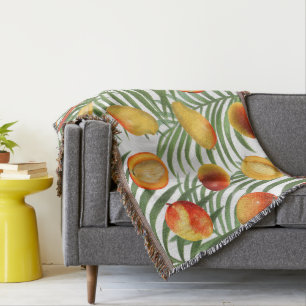 Vintage Mango & Greenery Summer Fruit Pattern Throw Blanket