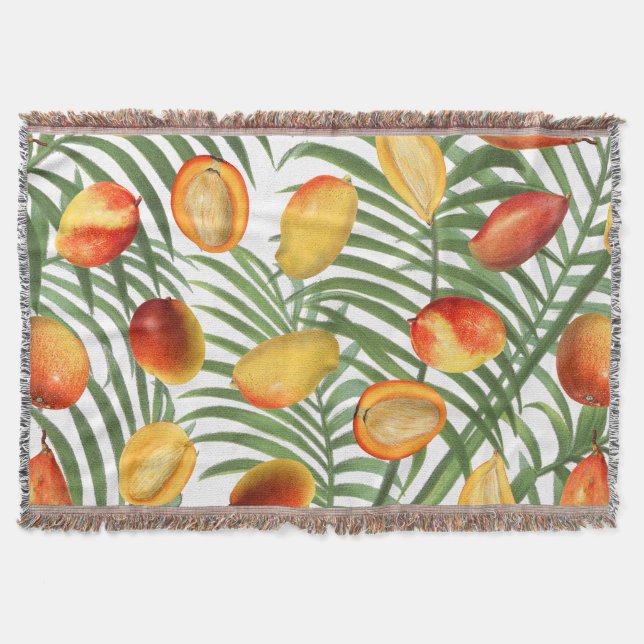 Vintage Mango & Greenery Summer Fruit Pattern Throw Blanket (Front)