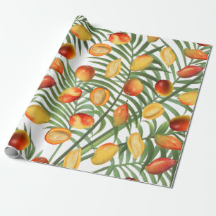 Vintage Mango & Greenery Summer Fruit Pattern Wrapping Paper
