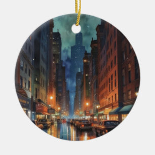 Vintage Manhattan New York City Night Painting Ceramic Ornament