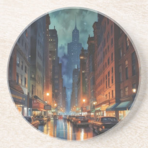Vintage Manhattan New York City Night Painting Coaster