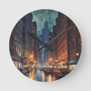 Vintage Manhattan New York City Night Painting Round Clock