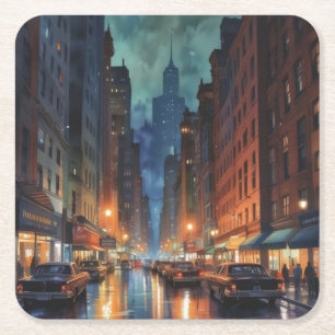 Vintage Manhattan New York City Night Painting Square Paper Coaster
