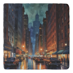 Vintage Manhattan New York City Night Painting Trivet