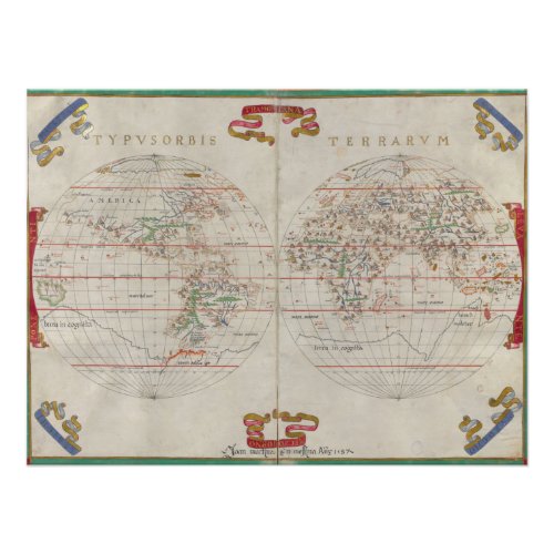 Vintage Manuscript World Map by Joan Martines 1587 Poster