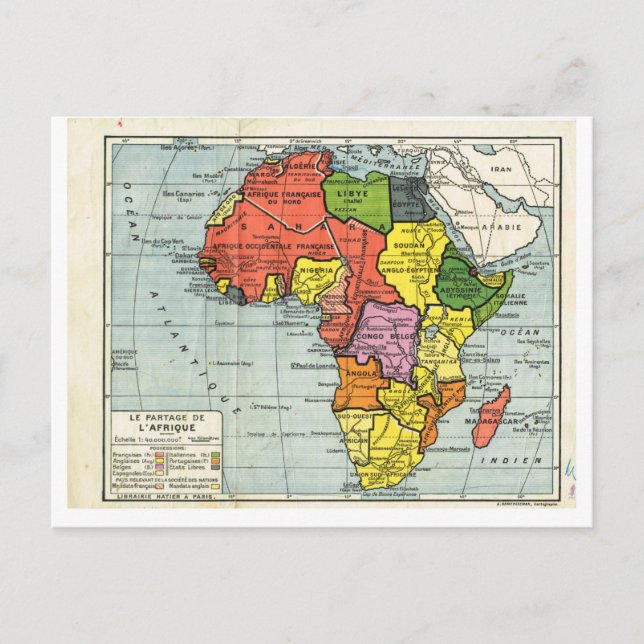 Vintage map, 1920, French, La partage d'Afrique Postcard (Front)