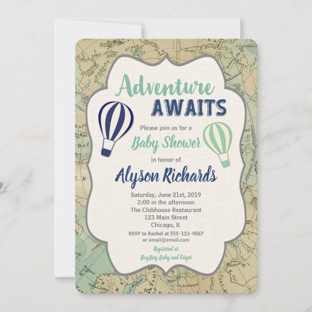 Vintage map adventure awaits baby shower invite (Front)