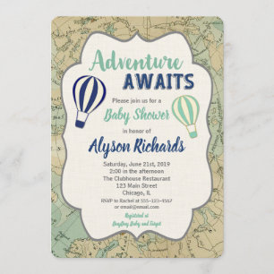 Vintage map adventure awaits baby shower invite